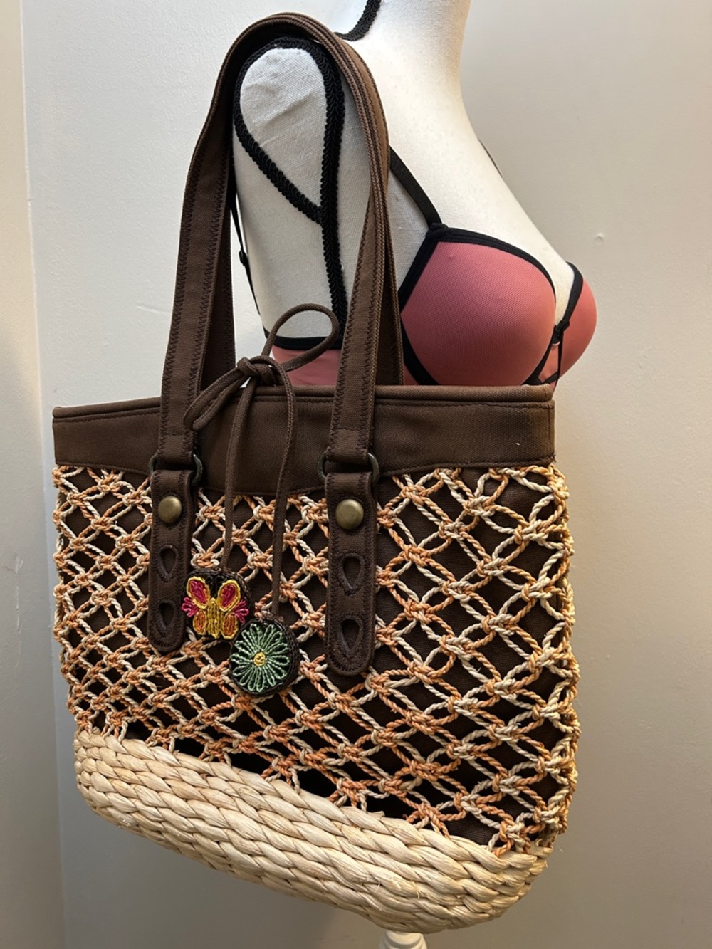 Lucky Brand Brown Woven Crochet Tote with Floral Embroidered Pins